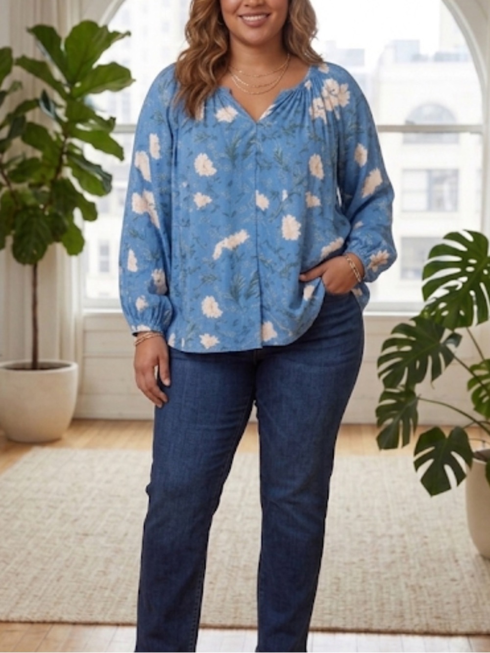 Lucky Brand Blue Floral Long Sleeve Blouse Top Plus Size 1X